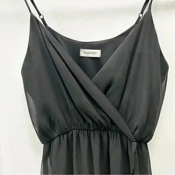 Smart Set Midi Maxi Dress Black Sheer Flowy High Low Wrap Front Asymmetric XS - Picture 6 of 16